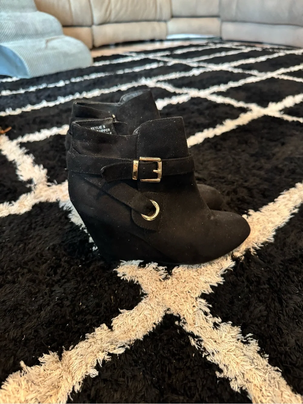 Black Suede Wedge Ankle Boots with Buckle Detail